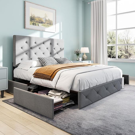 Upholstered Queen Platform Storage Bed Frame with 4 Drawers, Adjustable Headboard