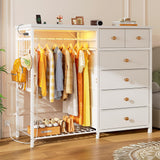 White Dresser for Bedroom with Hanging Rack and LED Lights 6 Drawer Dressers