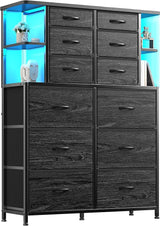 Dresser for Bedroom with LED Lights, 12 Drawers Bedroom Dresser, Black Dresser and Tall Dresser with Open Shelves, Fabric Dressers & Chests of Drawers with Sturdy Metal Frame, White