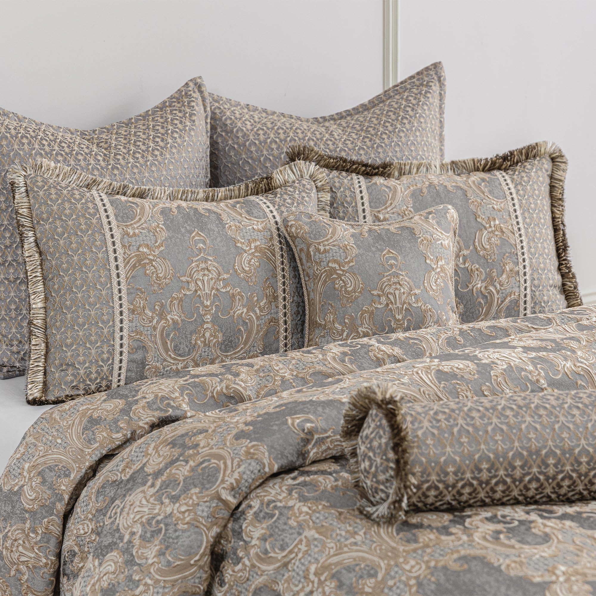 9-Piece Jacquard Comforter Set King - Royal Damask Design Luxury Bedding