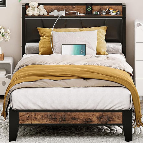 King Size Bed Frame, Storage Headboard with Charging Station, Solid and Stable