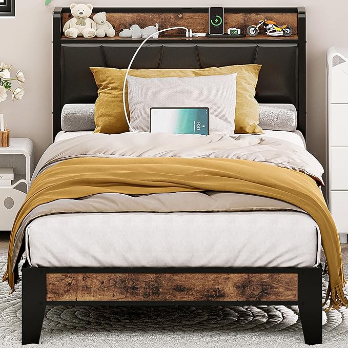 King Size Bed Frame, Storage Headboard with Charging Station, Solid and Stable