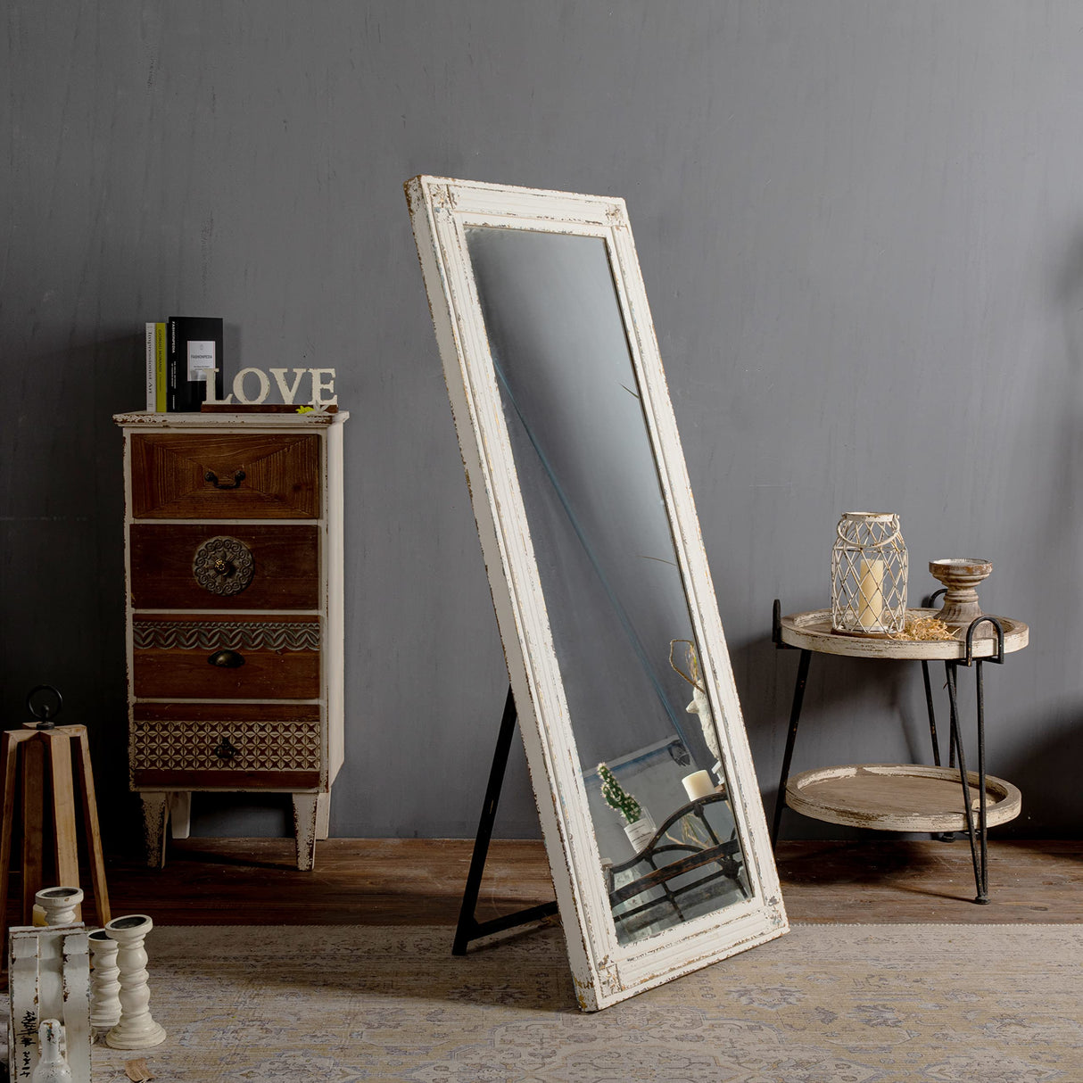 Rustic Full Length Mirror with Stand 60" x 24", Hanging White Farmhouse Big Mirror Full Body