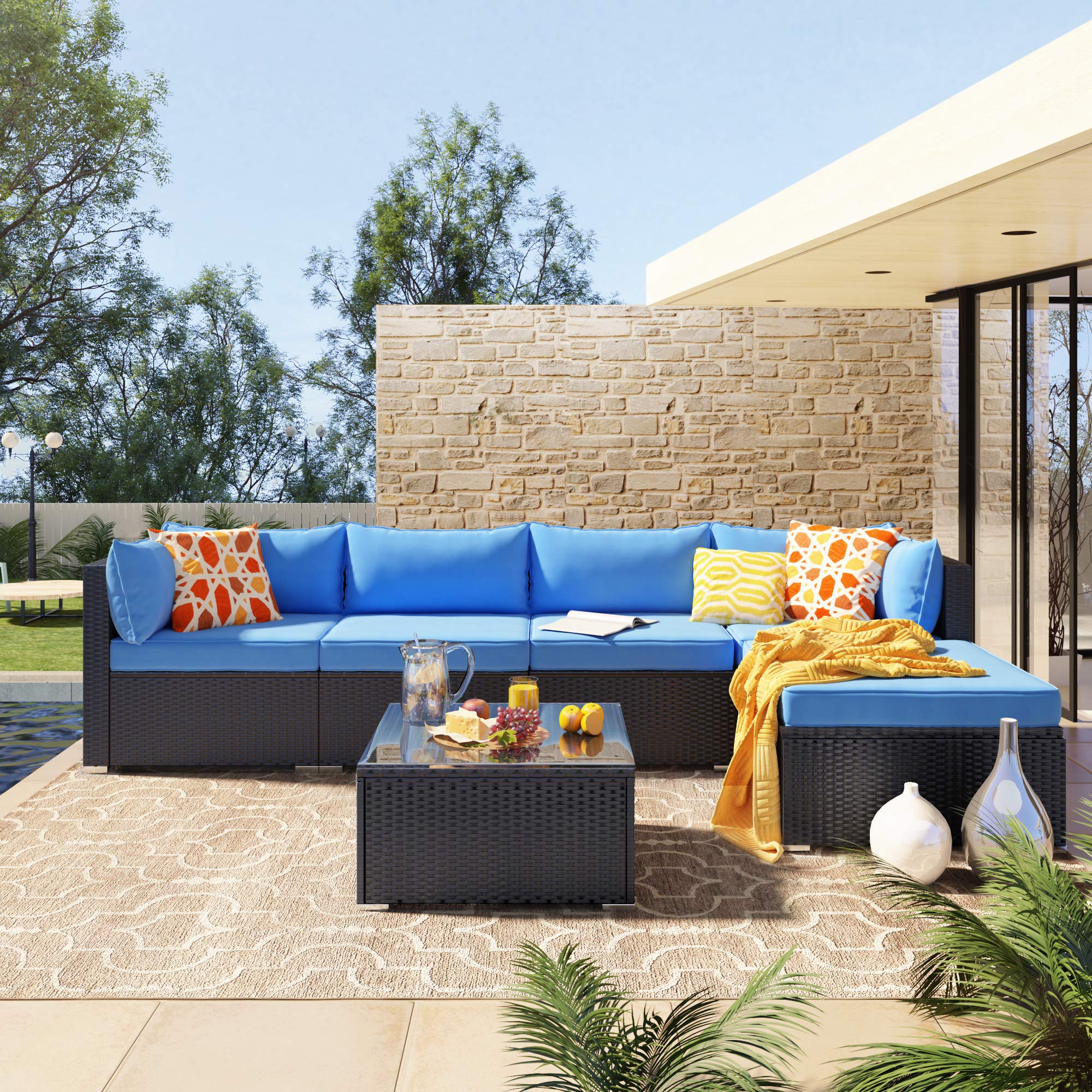 6 Pieces Patio Furniture Set Corner Sofa Set with Thick Removable Cushions
