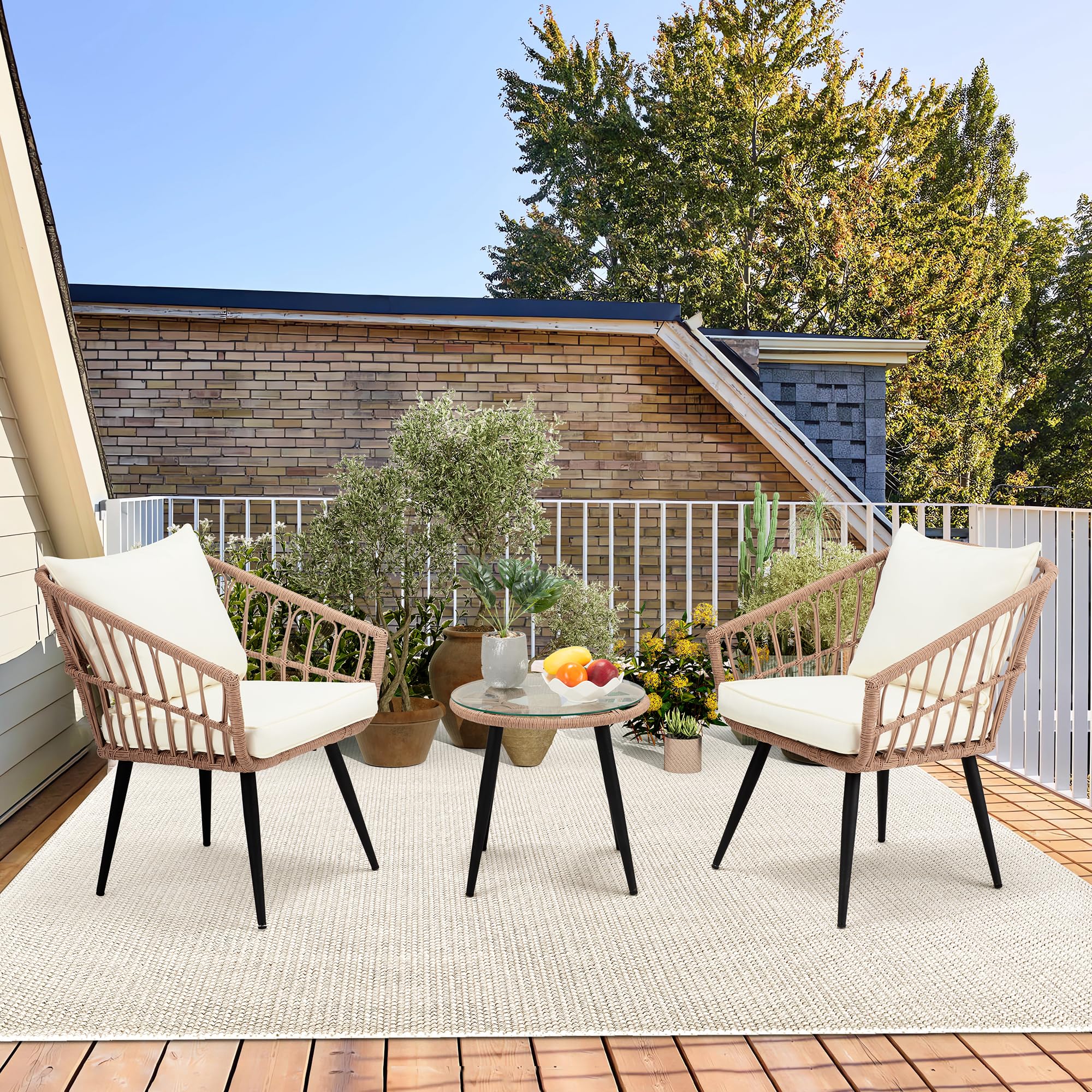 3 Piece Wicker Patio Bistro Set, Outdoor Rattan Dining Set with Glass Top Table