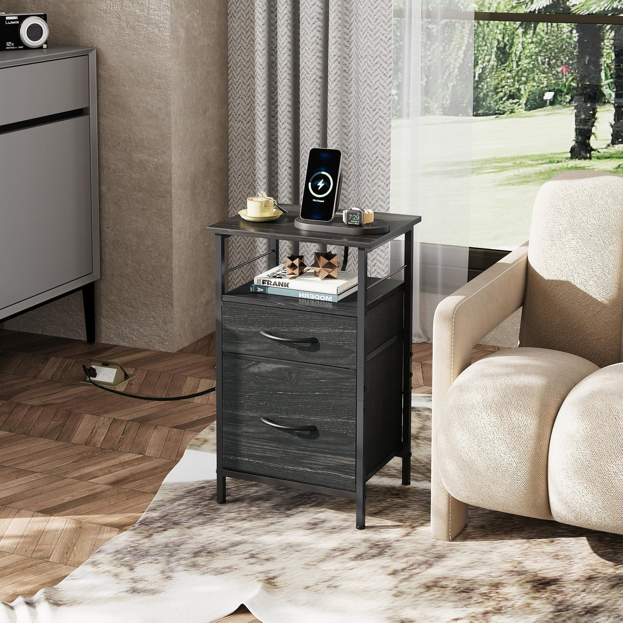 Night Stand Set 2, Black Nightstand with Charging Station, Bedside Tables for Bedroom