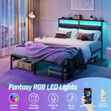 Full Size Metal Bed Frame with RGB LED Lighting & Charging Station