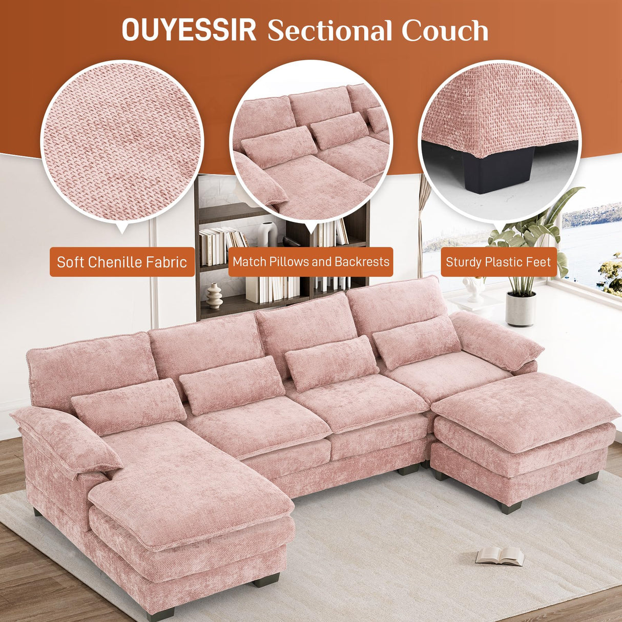 OUYESSIR 114" U Shape Sectional Sofa Cloud Couch for Living Room, Upholstery Comfy Modular Sofa, 4 Seat Chenille L-Shaped Sleeper Sofa with Chaise Lounge, Ottoman & Pillows, Light Pink