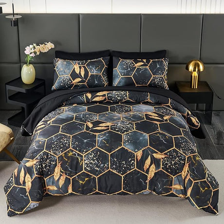 7 Pcs White Marble Bedding Comforter Set California King, Hexagon Honeycomb