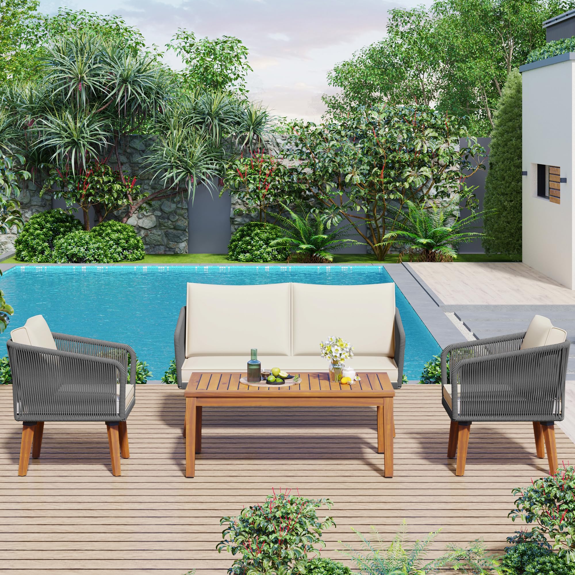 4-Piece Patio Furniture Set, Outdoor Conversation Sets with 1 Loveseat