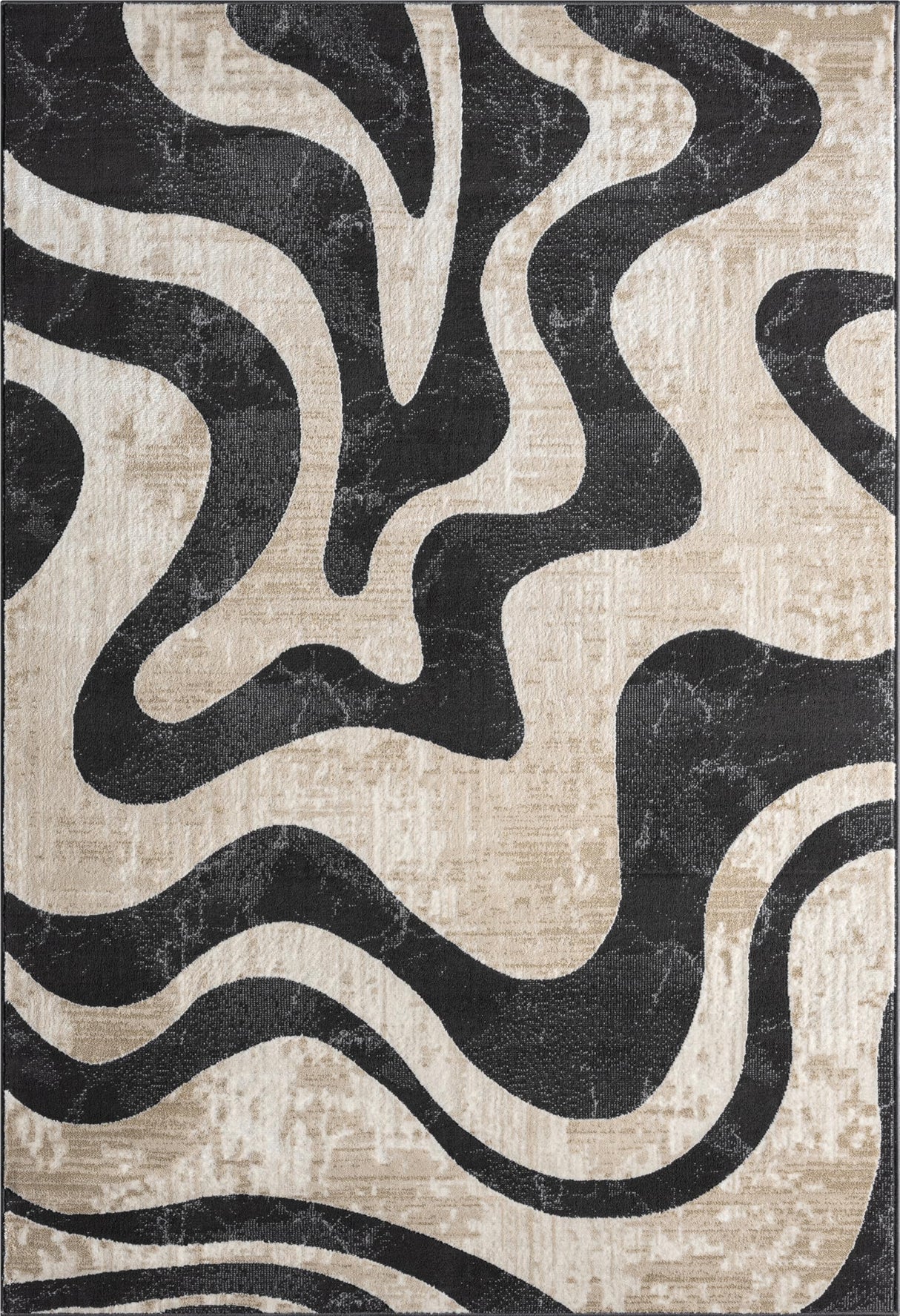 Beige Black Swirl Area Rug 4x6 - Contemporary Abstract Design