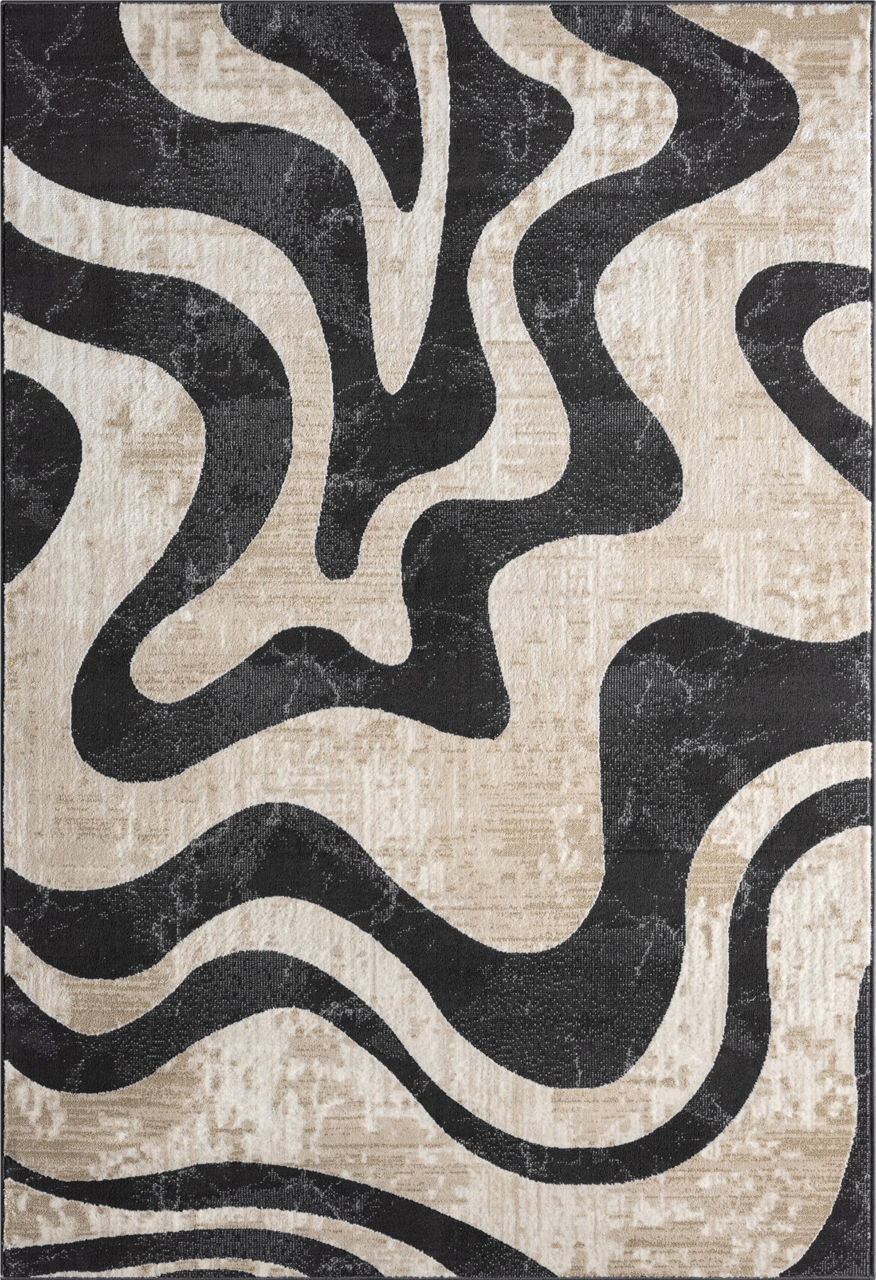 Beige Black Swirl Modern Area Rug – 4' x 6' – Contemporary Abstract Design – Terra Collection – Non-Shedding, Fade-Resistant, Easy to Clean – Durable for High Traffic Areas – Living Room & Bedroom