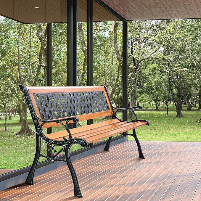 Outdoor Garden Bench, Patio Bench with Large Rose Cast Backrest & Comfort Wood Seat