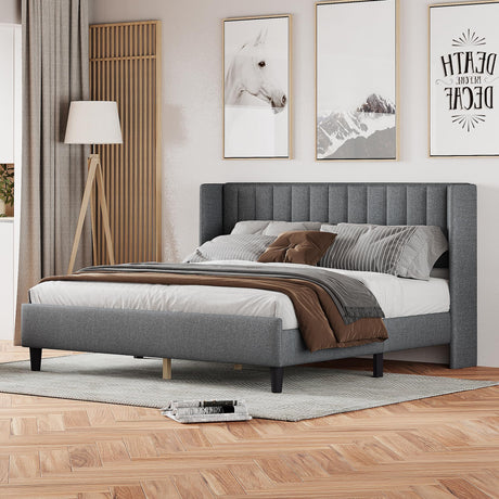 Bed Frame King Platform Bed with Linen Fabric Upholstered Headboard and Wooden