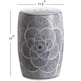 Camellia 17" Ceramic Drum Garden Stool, Stylized Flower on White Background, Coastal, Contemporary,