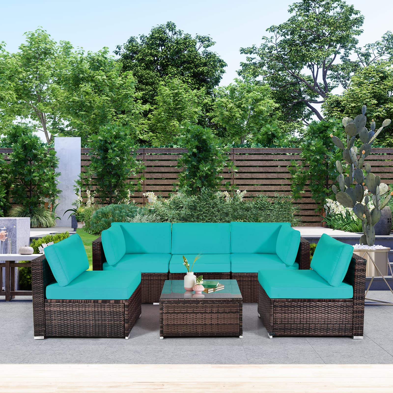6 Pieces Outdoor Patio Furniture Set, PE Rattan Conversation Set