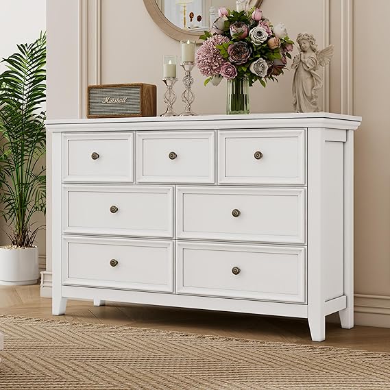 White Dresser for Bedroom, White 7-Drawer Dresser, Modern 7 Chest of Drawers