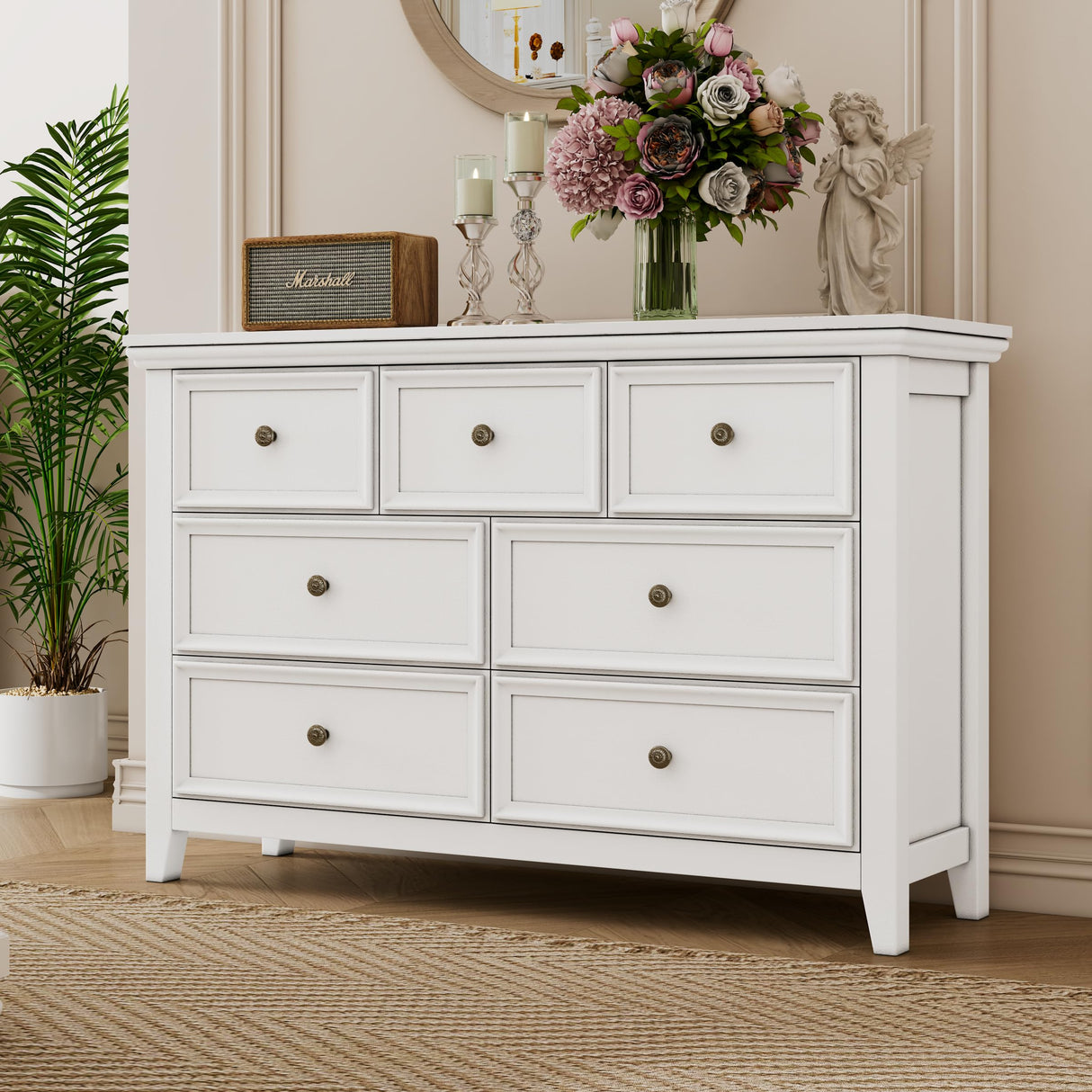 BLANKSPACE White 7 Drawer Dresser, Modern Dresser for Bedroom, Wood Drawer Organizer with Metal Knobs, Large Capacity Wood Cabinet for Bedroom, Hallway