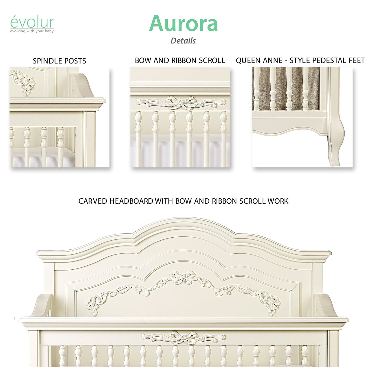 Aurora 5-In-1 Convertible Crib In Ivory Lace, Greenguard Gold Certified