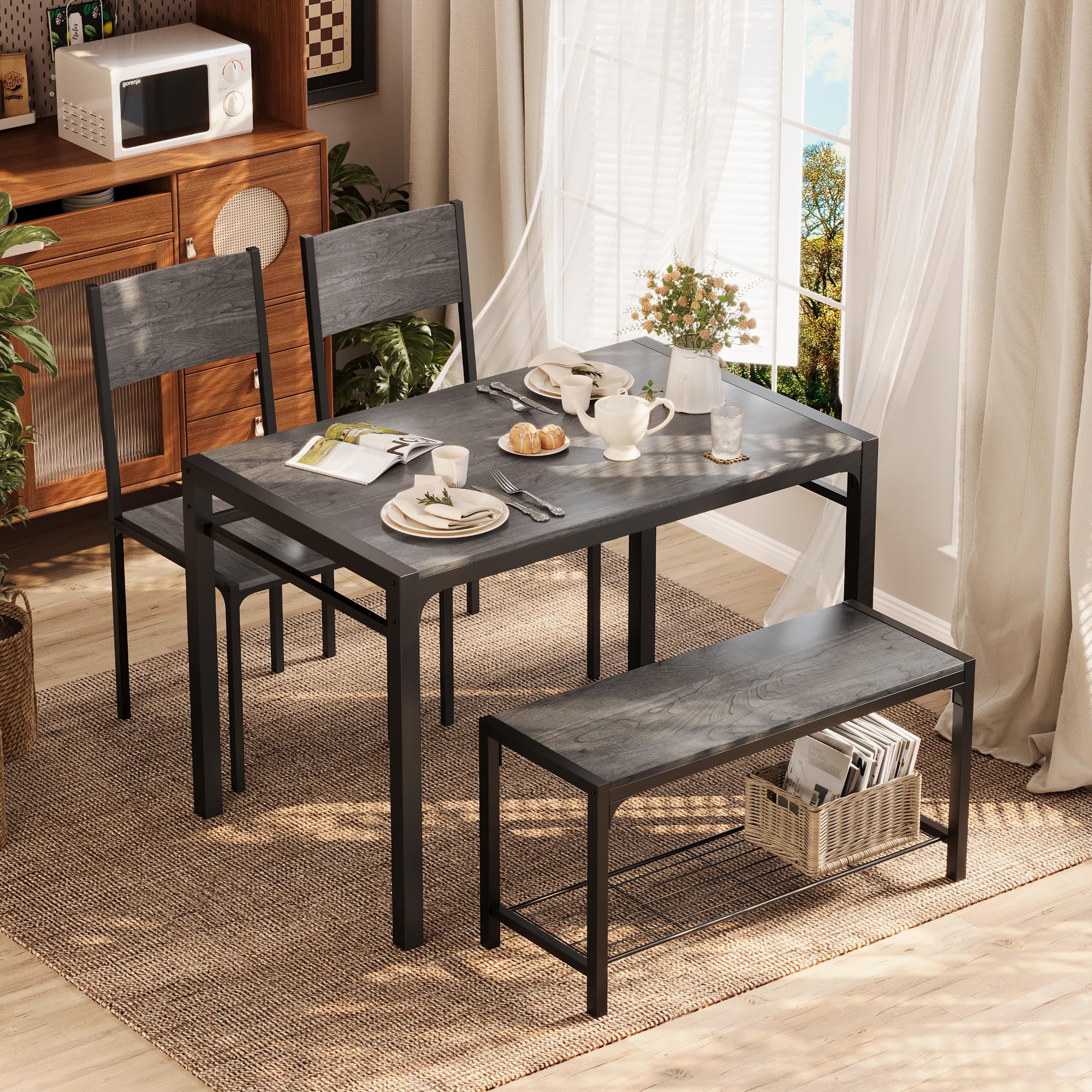 4-Piece Dining Set with Table, Bench & 2 Chairs - Dark Grey