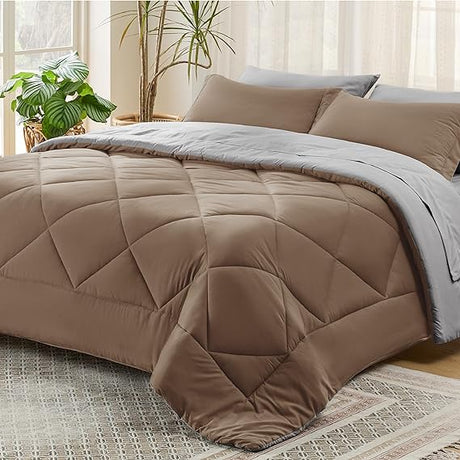 Queen Comforter Set - 7 Pieces Solid Grey Queen Bed in a Bag