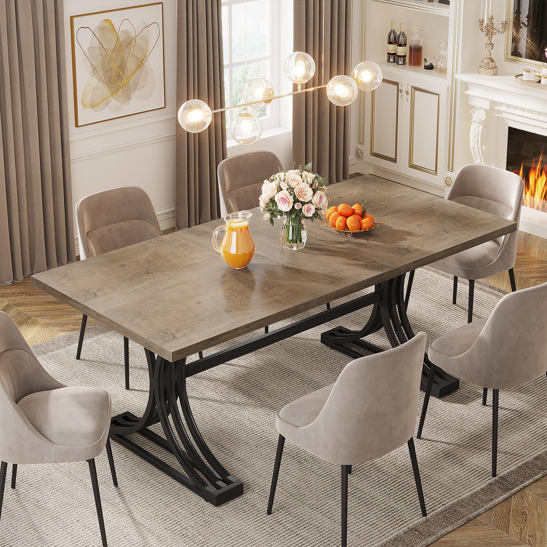 63-Inch Rectangular Dining Table for 4-6 People with Metal Trestle Legs