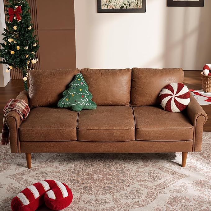 Faux Leather Mid-Century Modern Sofa for Living Room,3 Seater Couch