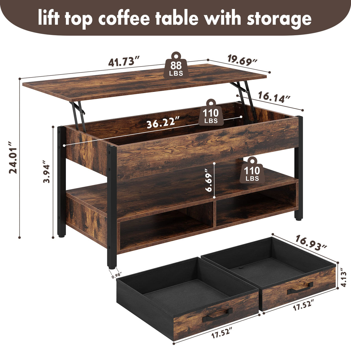 41.7" Lift Top Coffee Table, Coffee Tables for Living Room with 2 Drawers and Hidden Compartment,