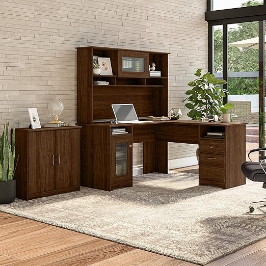 Cabot L Shaped Desk with Hutch and Small Storage Cabinet with Doors