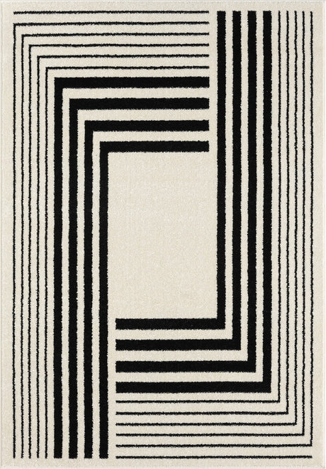 Geometric Beige/Black Area Rug -6'x9' - Modern 3D Lines Design - Deco Collection -