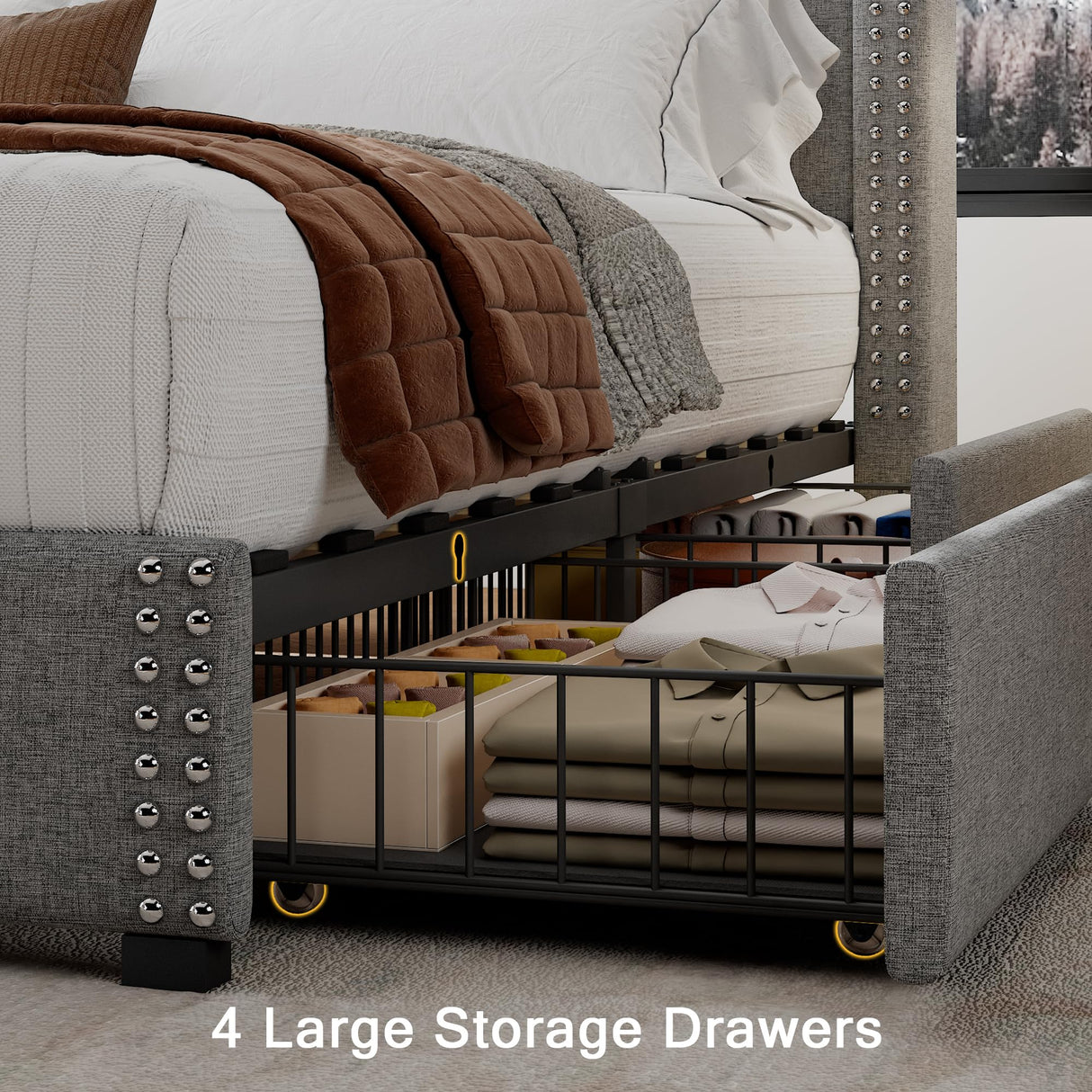 Upholstered Full Size Bed Frame with 4 Storage Drawers, Platform Bed Frame with Charging Station,