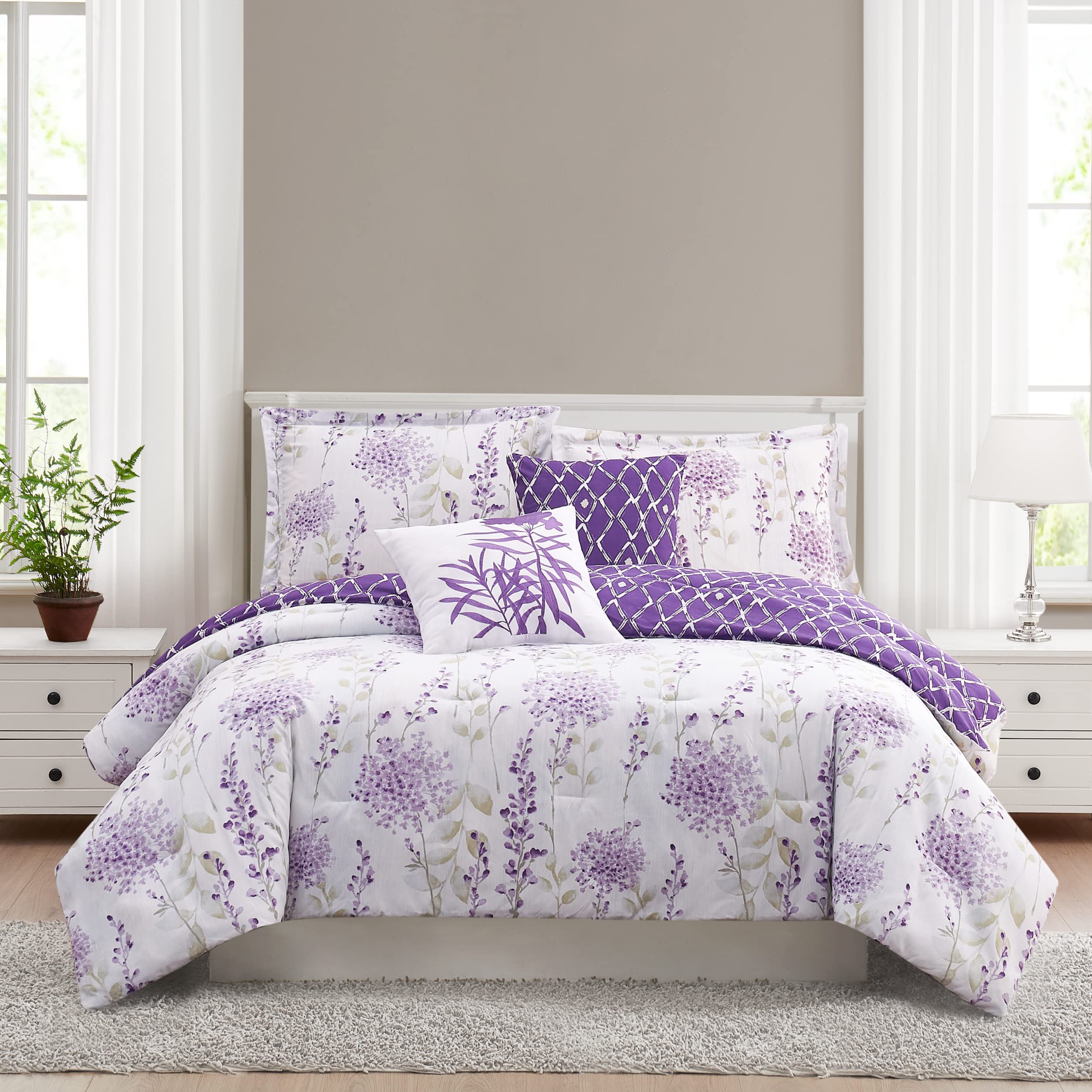 Fresh Meadow 5-Piece King Comforter Set - Lilac Floral Reversible Bedding