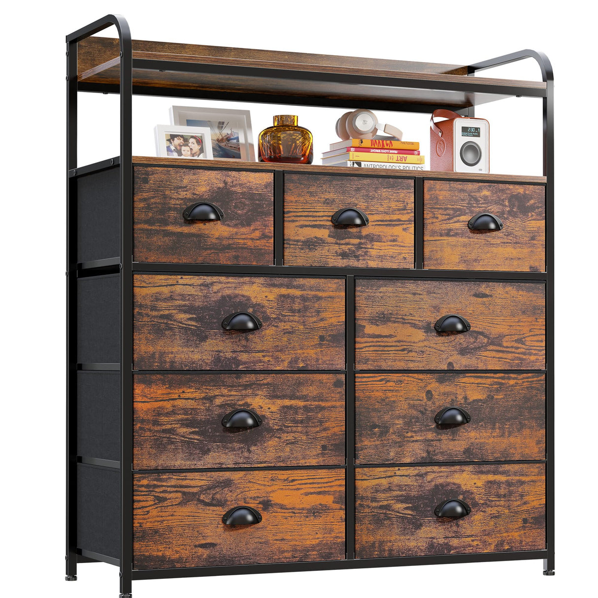 EnHomee Dresser, Tall Dressers for Bedroom with 9 Drawers, Dressers & Chests of Drawers for Bedroom with 2 Open Shelves and Metal Frame, Large Tall Bedroom Dresser for Bedroom, Closet, Rustic Brown