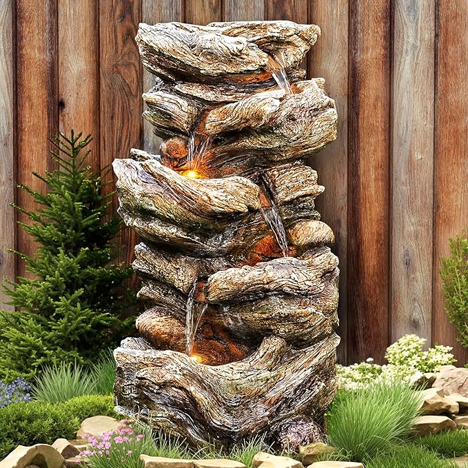 Water Fountain with LED Lights - 5-Tier Cascading Rock Waterfall Fountain, Natural Rock Look, Ideal for Garden, Landscaping, Patio, Balconies and Yard Decor