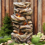 32" High 5-Tiers Cascading Rock Outdoor Water Fountain with LED Lights and Pump