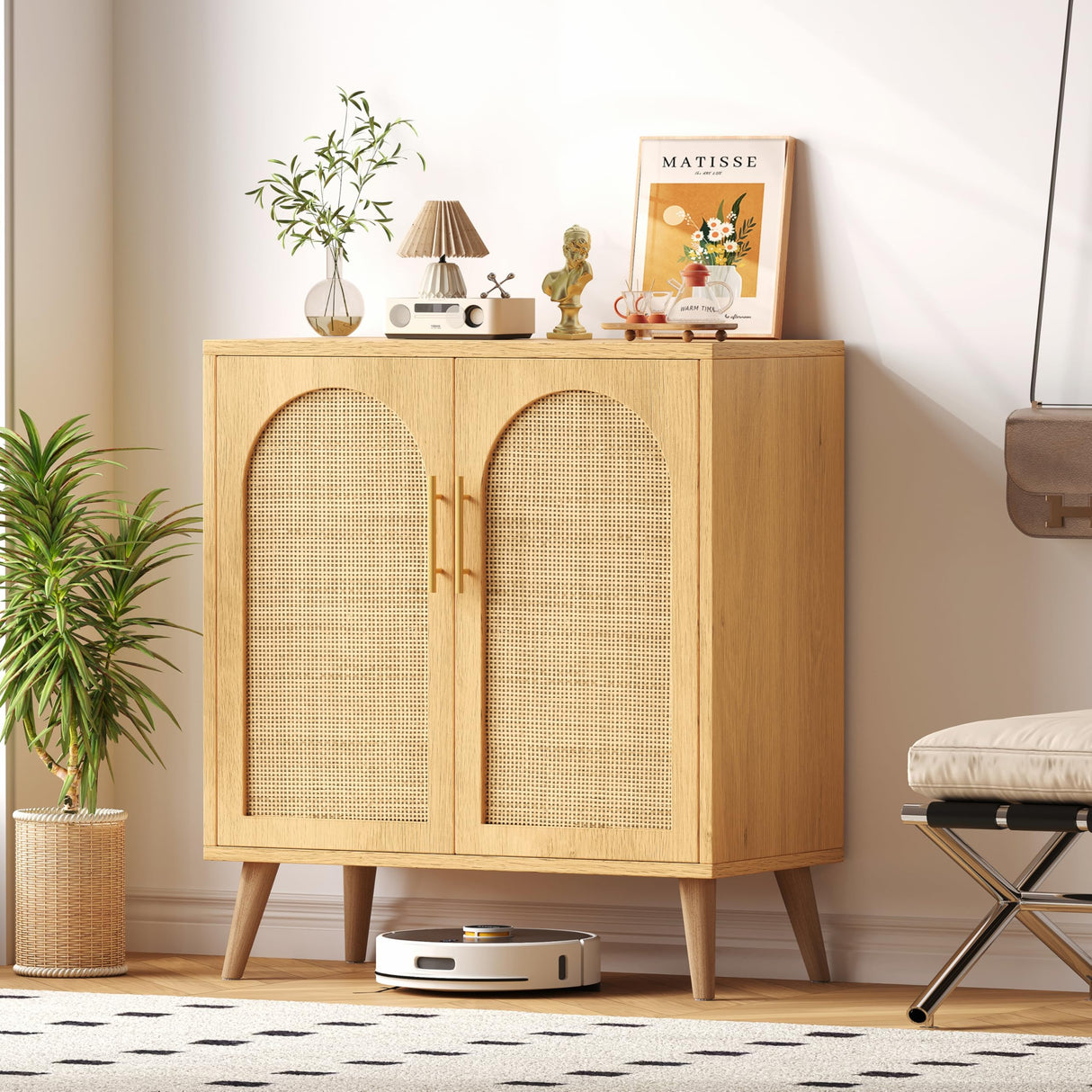 Rattan Storage Cabinet with Adjustable Shelf, Bathroom Floor Cabinet with 2 Doors, Freestanding Sideboard Cabinet, Accent Cabinet for Living Room, Entryway, Natural KES010MCWG