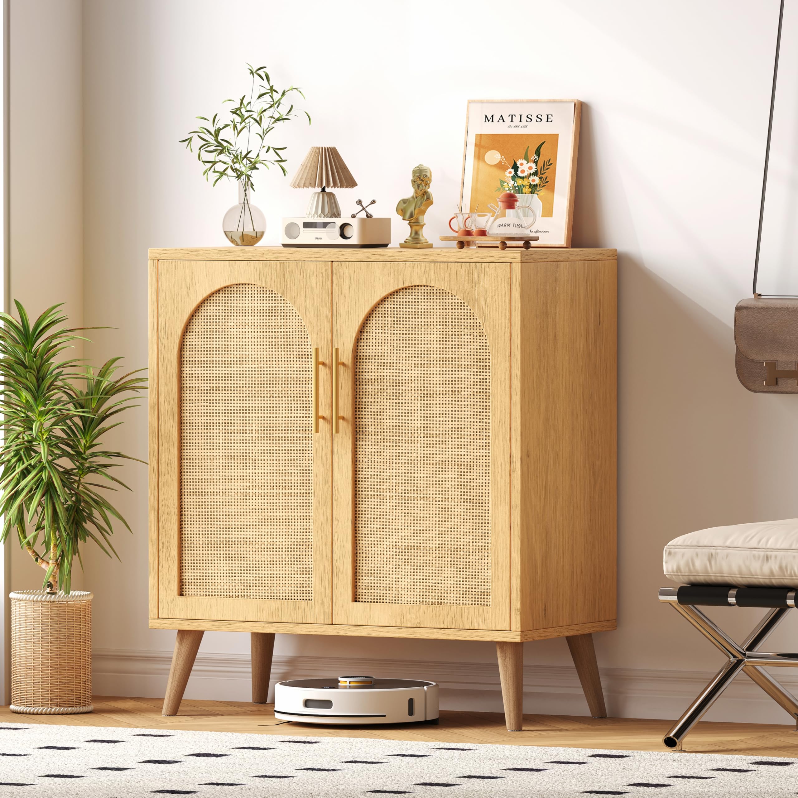 Rattan Storage Cabinet with Adjustable Shelf, Bathroom Floor Cabinet