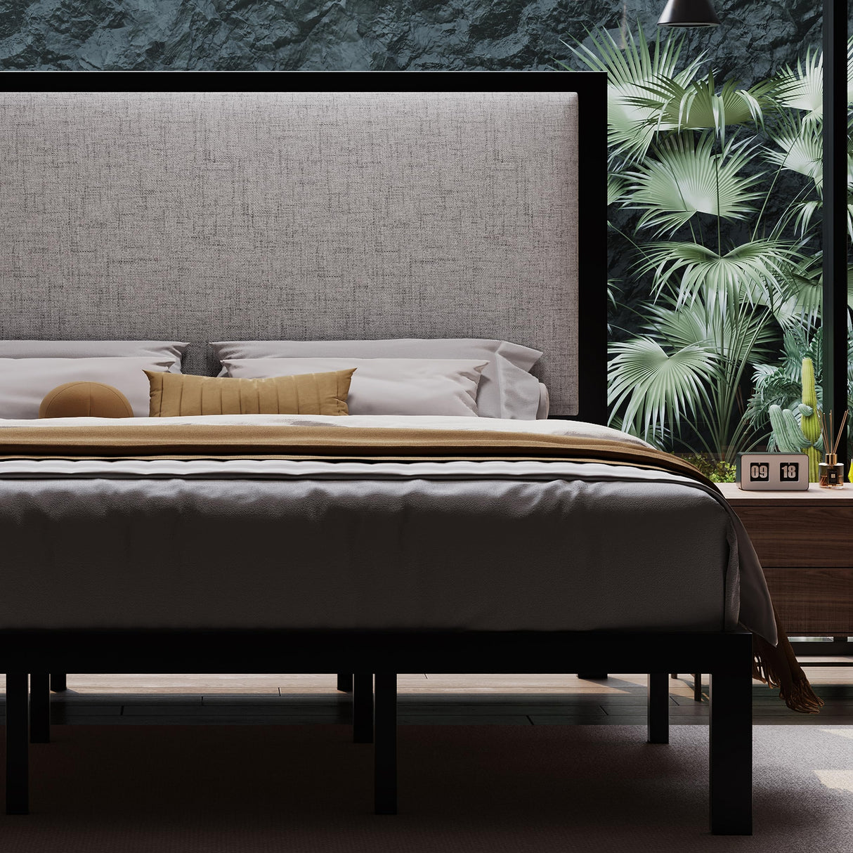 Bed Frame with 47'' Tall Upholstered Headboard, High Metal Structure with 12''