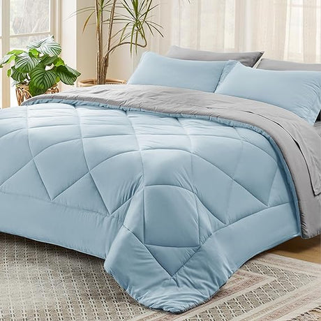 Queen Comforter Set - 7 Pieces Solid Grey Queen Bed in a Bag