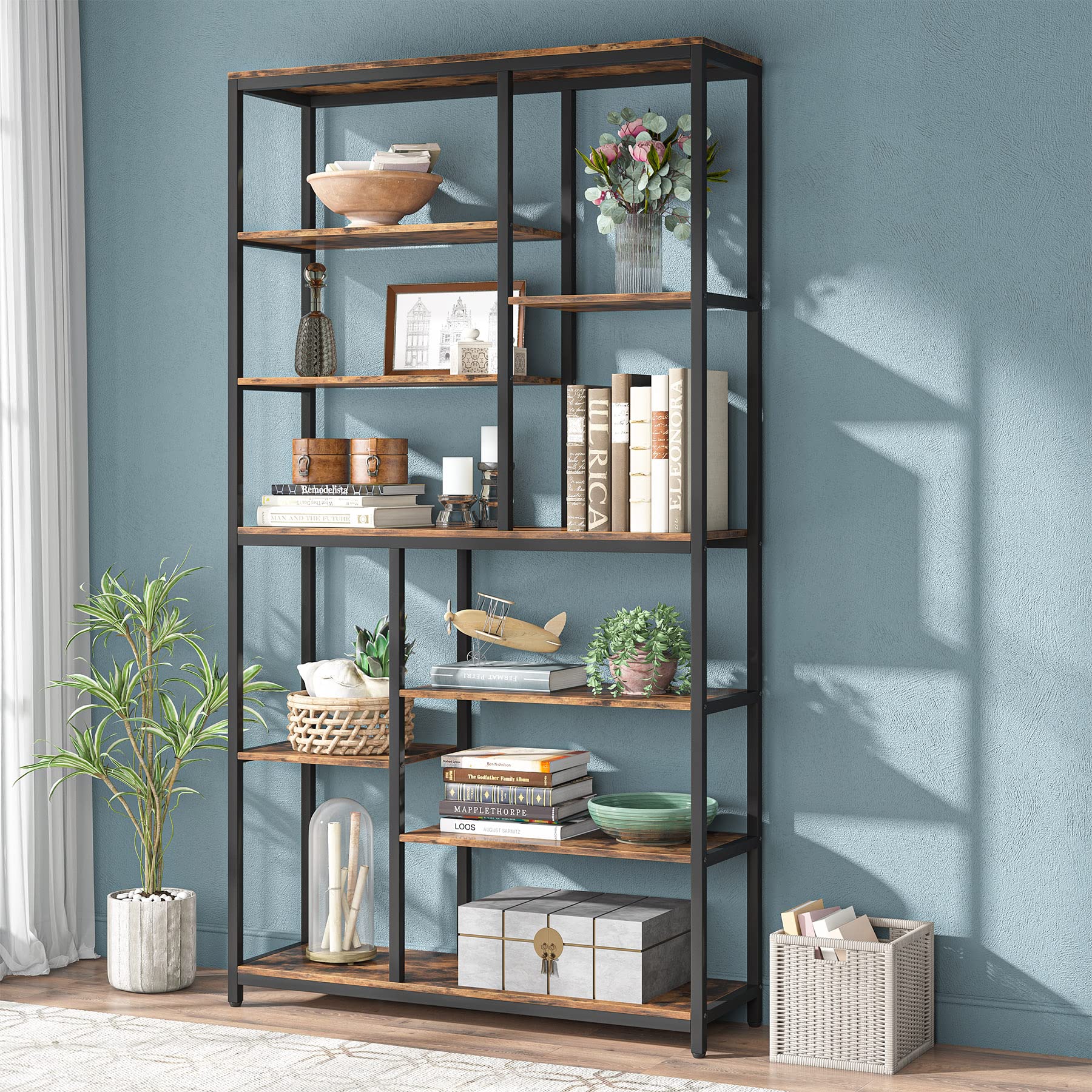 79 inches Tall Bookshelf Bookcase, 8-Tier Staggered Bookcase, Modern Freestanding