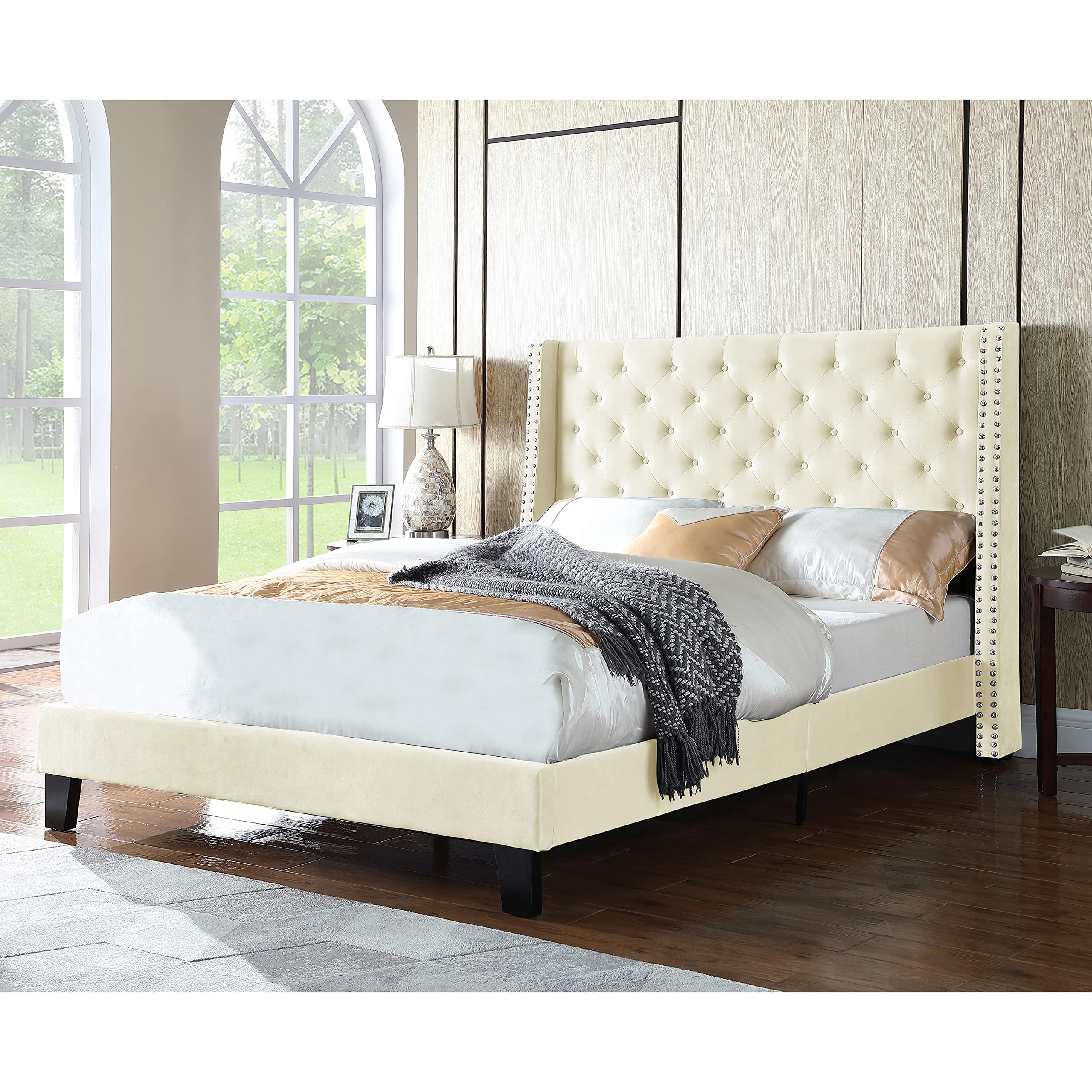 Modern Chic Tufted Platform Wingback Bed Frame with Reinforced Corner Blocked