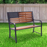 Metal American Flag Patio/Porch Bench with Wooden Slats - 46" Width, 24" Deep Seat
