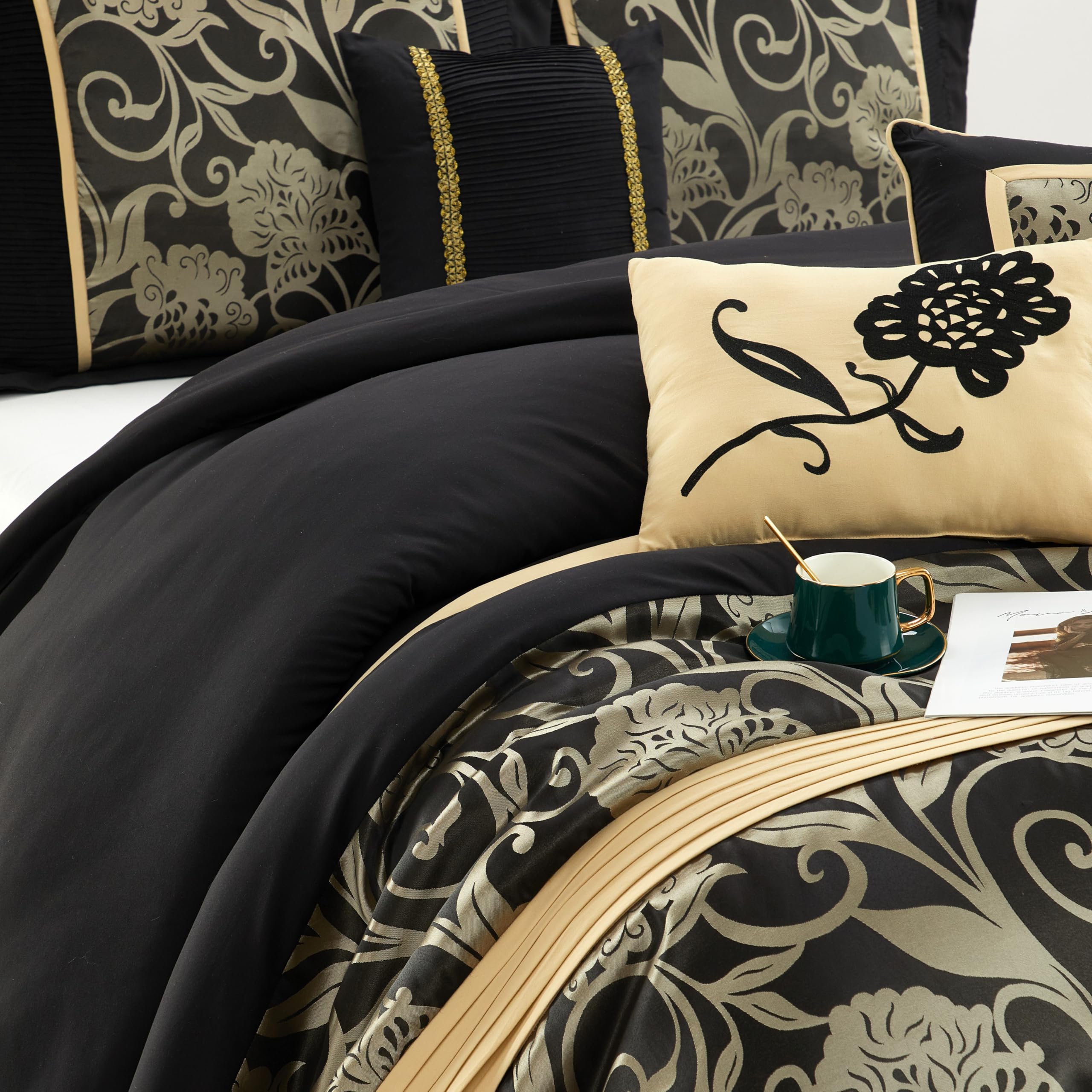 Black and Gold Comforter Set Queen - 9 Piece Jacquard Floral Bedding