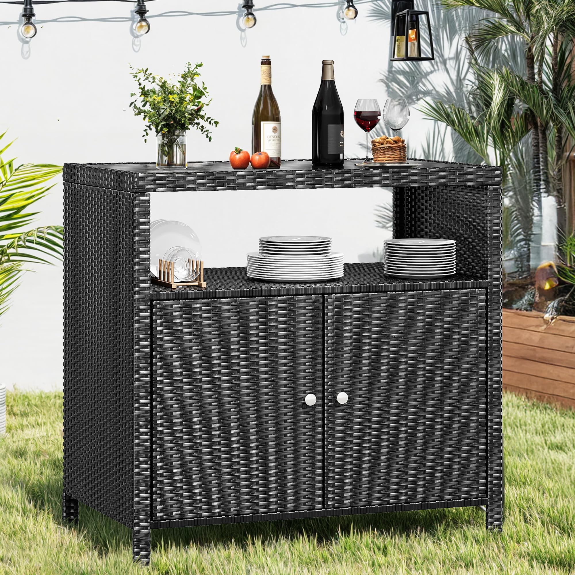 Outdoor Storage Cabinet, Outdoor Patio Bar w/2 Doors and Shelves