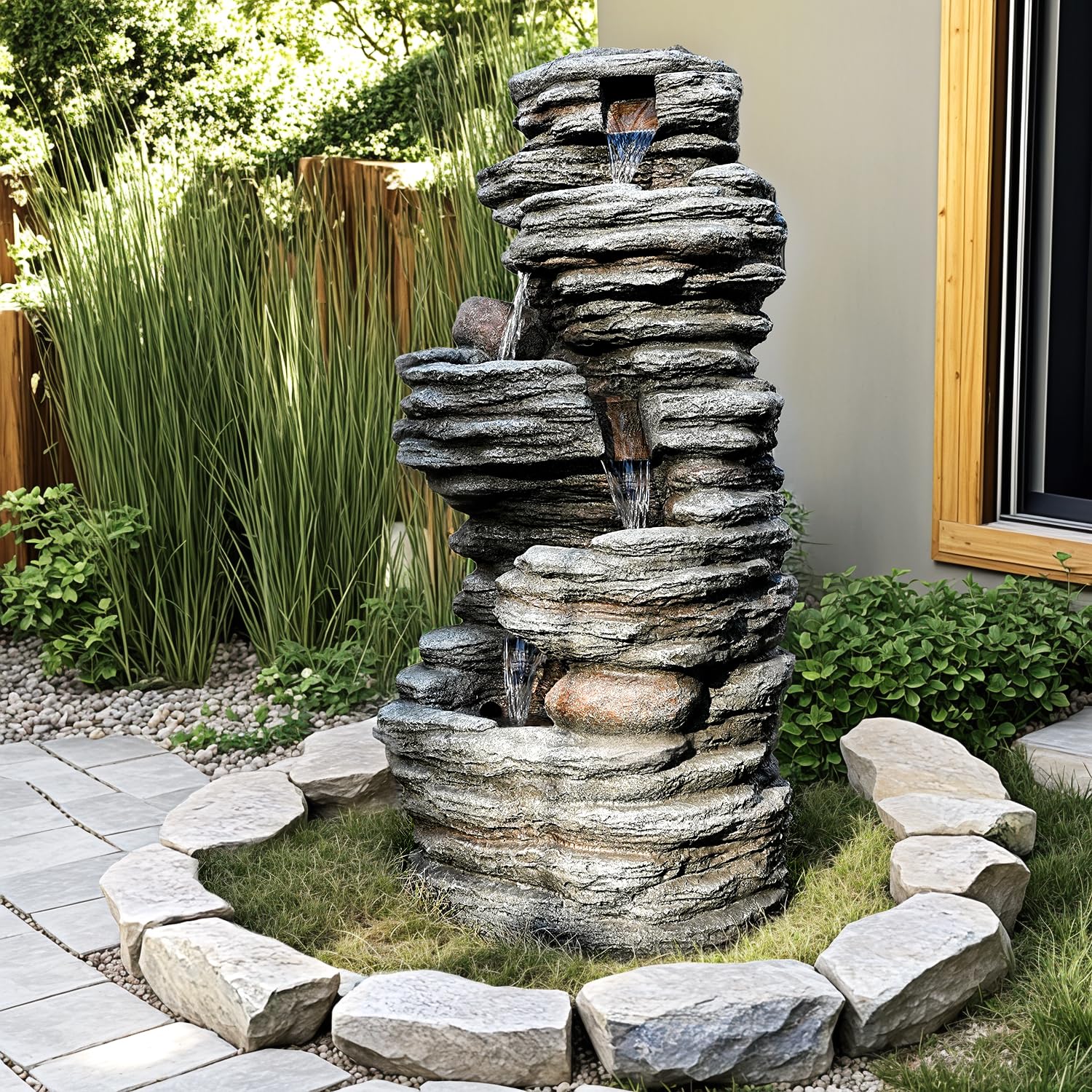 Water Fountain with LED Lights - 5-Tier Cascading Rock Waterfall Fountain, Natural Rock Look, Ideal for Garden, Landscaping, Patio, Balconies and Yard Decor