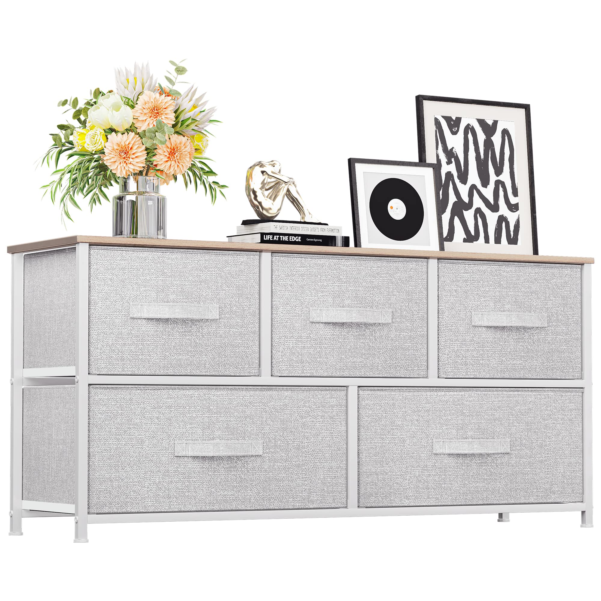Wide Chest of Drawers, Dresser with 5 Drawers, Oak Greige Fabric Storage Tower