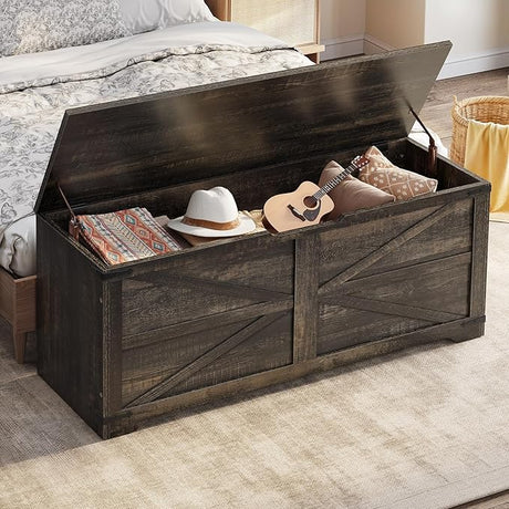 Storage Bench, 47.2" Farmhouse Storage Chest with 2 Safety Hinges