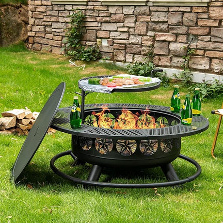 36 Inch Fire Pit with Cooking Grill,Outdoor Wood Burning BBQ Firepit with Lid