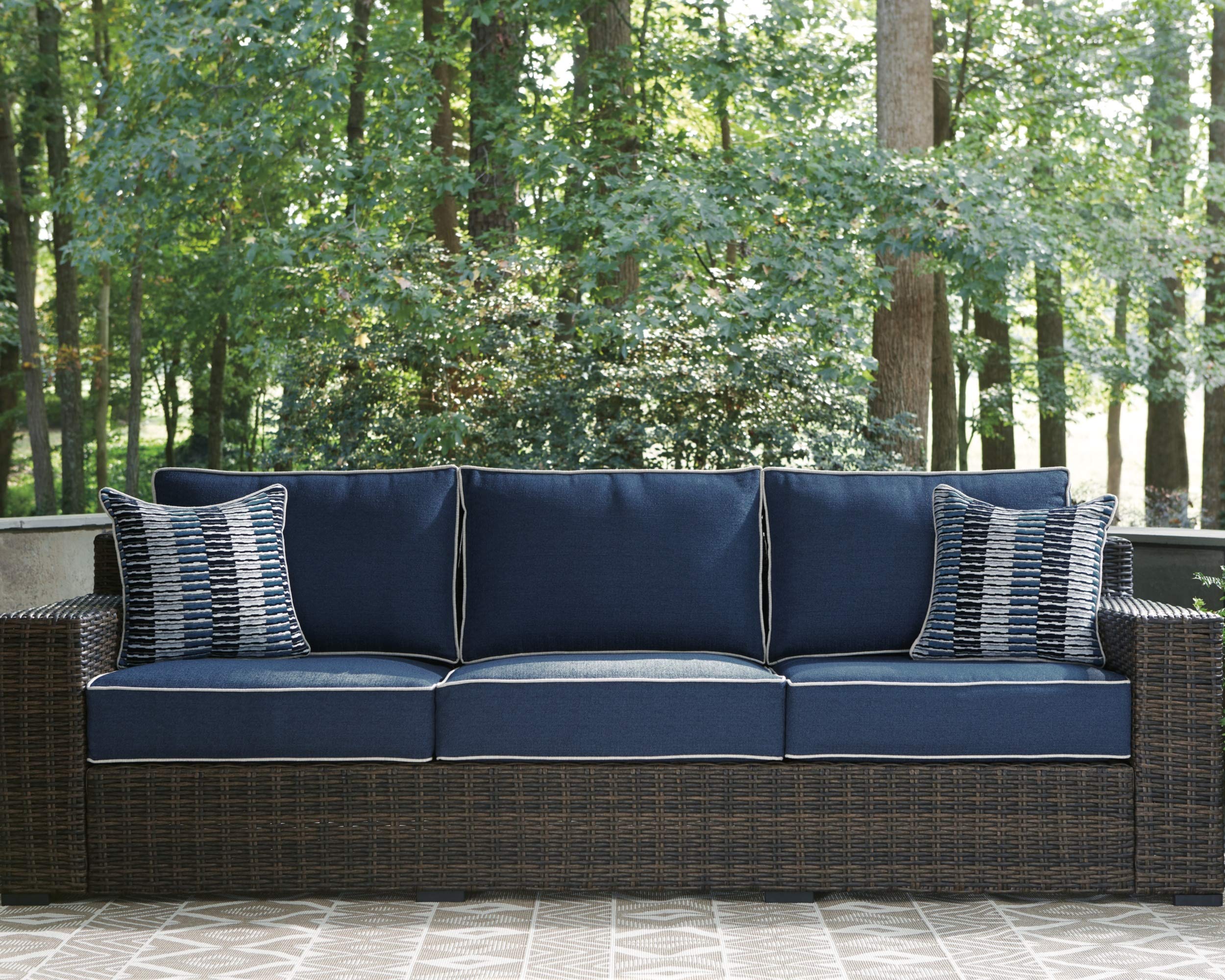 Grasson Lane Outdoor Patio Wicker Sofa with Cushion and 2 Pillows, Brown & Blue