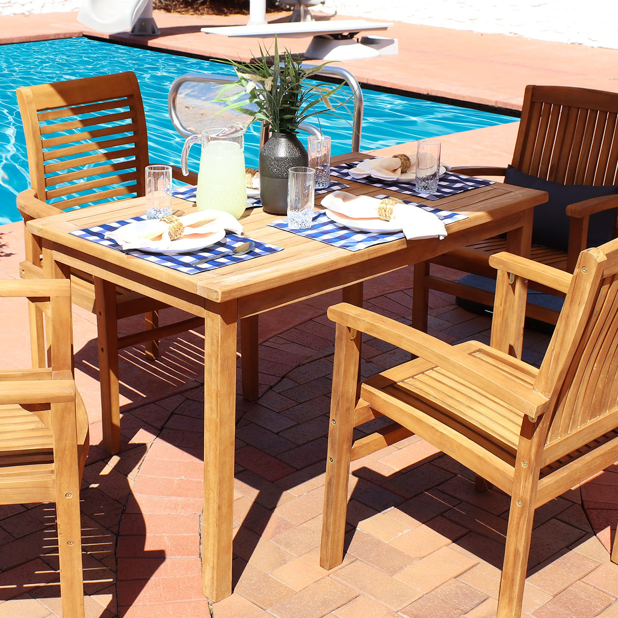 Rectangular Solid Teak Outdoor Dining Table - Light Wood Stain Finish - 47-Inch